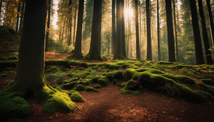 A mystical forest pathway covered in moss and bathed in the ethereal light of dawn, creating a...