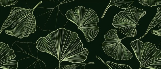 The botanical jungle illustrated for banners, prints, decorations, and fabrics. Line art pattern of tropical leaves, ginkgo leaves, plants and plants in hand drawn patterns on green. Iconography of