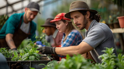 A group of focused gardeners tending to young plants in a greenhouse, collaborating on horticultural tasks