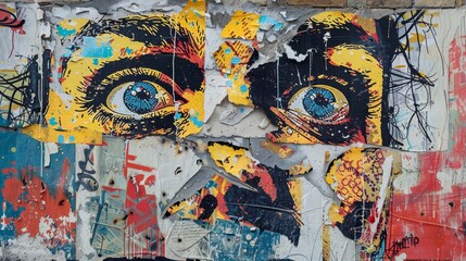 A wall with two faces painted on it. The faces have blue eyes and are surrounded by graffiti. The wall is a mix of colors and textures, giving it a unique and artistic appearance
