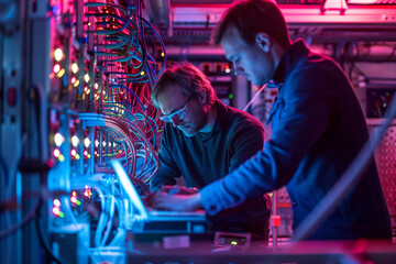 Two focused technicians work on a laptop connected to a server rack in a data center illuminated by neon lights, symbolizing high-tech diagnostics