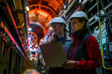 A male and female engineer in hard hats and safety vests attentively consult a laptop in a tunnel filled with colorful piping and technical equipment