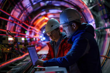 Two engineers in hard hats and reflective vests are working on a laptop connected to a complex infrastructure within an illuminated tunnel.