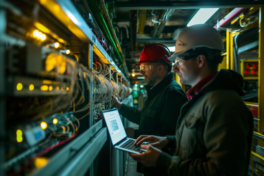 Two technicians in safety helmets are intensely working on a laptop while analyzing server hardware in a well-lit data center with vibrant yellow and green cables