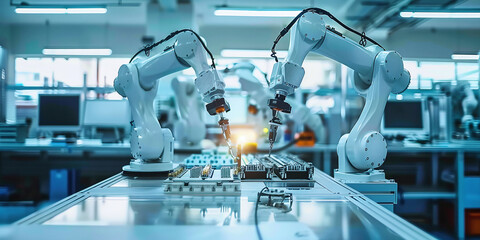 Automated robotic arms assembling components in a high-tech electronics manufacturing facility