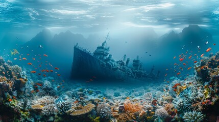 A shipwreck is in the middle of a coral reef with a large number of fish swimming around it