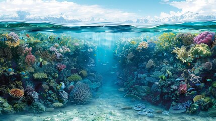 A beautiful underwater scene with a variety of colorful fish swimming in the water. Scene is peaceful and serene, as the fish are swimming in a clear blue ocean
