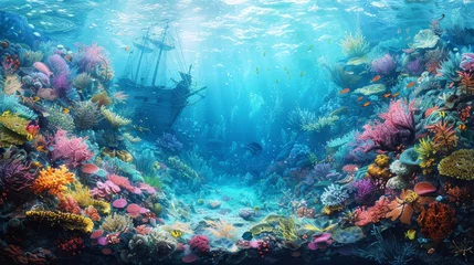 Foto op Aluminium A colorful underwater scene with a shipwreck in the middle. The ship is surrounded by a variety of fish and other sea creatures. Scene is peaceful and serene, as the vibrant colors of the coral © Sodapeaw