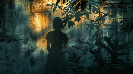 A woman is standing in a forest with trees and plants. The image has a moody and mysterious feel to it