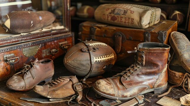 Vintage football memorabilia collection, history in leather and lace, legacy cherished