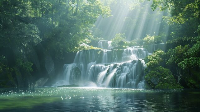 A waterfall is flowing into a lake with trees in the background. The sunlight is shining on the water, creating a peaceful and serene atmosphere