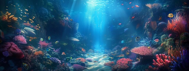 Naklejka na ściany i meble Tropical sea underwater fishes on coral reef. Aquarium or oceanarium. Marine nautical undersea water ocean seascape wild nature world, snorkel diving.
