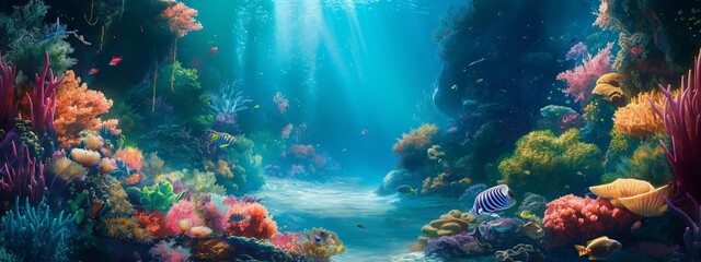 Fototapeta na wymiar Tropical sea underwater fishes on coral reef. Aquarium or oceanarium. Marine nautical undersea water ocean seascape wild nature world, snorkel diving.