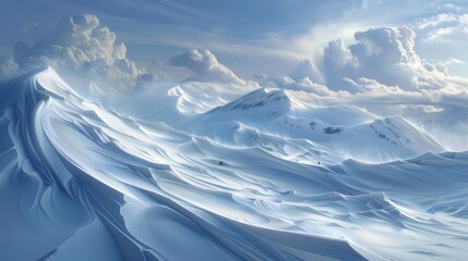A snowy mountain range with a blue sky in the background. The sky is filled with clouds, giving the scene a serene and peaceful atmosphere