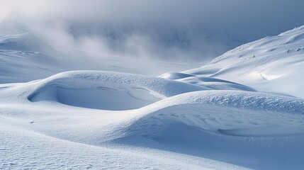 A snowy landscape with a large hill in the background. The snow is piled up in a curved shape, creating a sense of depth and movement. The sky is cloudy, adding a sense of mystery