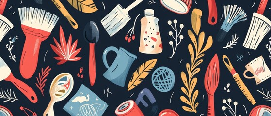 Lettering Spring Cleaning Pattern. Flat modern illustration on dark background with Equipment, Housework, Appliance, Domestic Tools. - obrazy, fototapety, plakaty