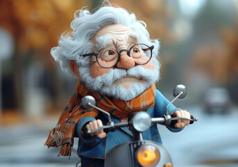 3D funny illustration of elderly man on a scooter. AI generated
