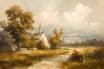 Vintage Church Painting - beautiful Landscape and neutral colors