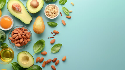 Avocado and almond with sky blue pastel color background