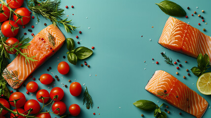 Several pieces of salmon and lemon tomato background