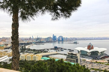 Panoramic View of Baku Skyline and Caspian Sea Shoreline