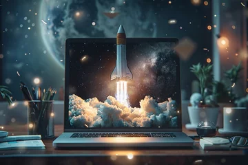 Foto op Plexiglas Closeup A sleek laptop on a wooden desk, screen showing a space rocket blasting off, papers fluttering © Samita