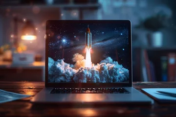 Foto op Aluminium Closeup A sleek laptop on a wooden desk, screen showing a space rocket blasting off, papers fluttering © Samita