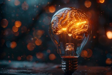 Closeup of a brain made of light, with a bulb at its center, shining brightly against a dark backdrop, embodying inspiration - obrazy, fototapety, plakaty