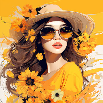 Beautiful woman with long hair, wearing sunglasses, hat and orange flowers on yellow background. Summer sunny mood. Design and production of postcards, posters, clothing, beach bags, printed products.