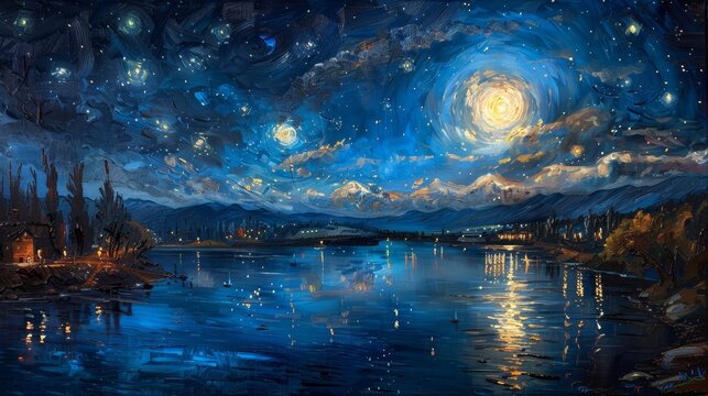 A painting of a lake at night with a bright moon in the sky. The painting evokes a sense of calm and serenity, as the moonlight reflects off the water and the stars twinkle in the background
