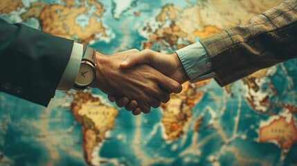 Closeup of a handshake superimposed on a world map, depicting global investment partnerships and agreements