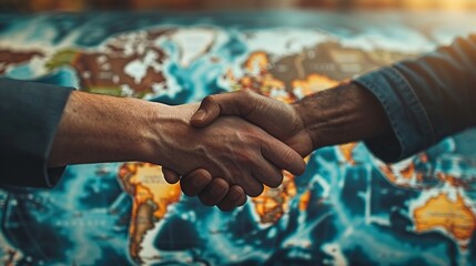 Closeup of a handshake superimposed on a world map, depicting global investment partnerships and agreements