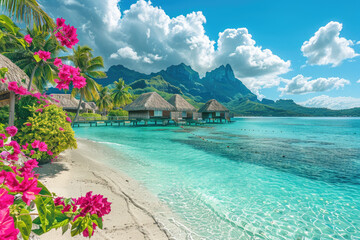 Bora Bora in French Polynesia fuses volcanic mountains with overwater bungalows - obrazy, fototapety, plakaty