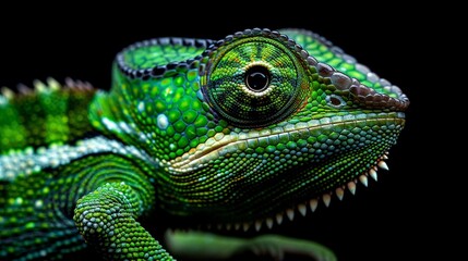 Obraz premium Closeup of a vibrant green chameleon, capturing its majestic stance and detailed textures, a masterpiece of evolution