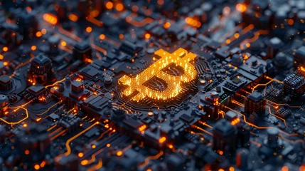 Foto op Plexiglas Closeup on a glowing Bitcoin symbol, futuristic circuit background Graph lines rise in the background, symbolizing growth and potential © Samita