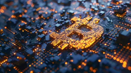 Foto op Aluminium Closeup on a glowing Bitcoin symbol, futuristic circuit background Graph lines rise in the background, symbolizing growth and potential © Samita