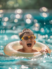 happy little girl wearing swimming goggles and an inflatable ring is playing in the pool on a sunny day. closeup shot of the smiling expressions of children holding toys on their backs, natural light
