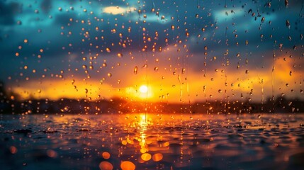 A beautiful sunset is reflected in the water, creating a serene and peaceful atmosphere. The raindrops add a sense of tranquility to the scene, as if nature is gently washing away the day's worries
