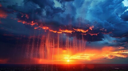 A beautiful sunset with a stormy sky in the background. The sky is filled with clouds and the sun is setting