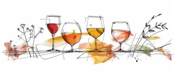 Fotobehang A monoline illustration of four wine glasses with alcoholic beverages. Abstract minimalistic concept with lettering quote "Wine is not linear" isolated on white. The illustration is made with a © Mark