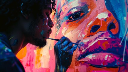 A man is painting a woman's face with a brush. The painting is colorful and vibrant, with a mix of red, blue, and yellow hues. The man seems to be focused on his work - obrazy, fototapety, plakaty