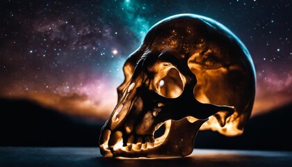 A skull glows ominously, suspended in a cosmic mist, creating a striking juxtaposition between mortality and the infinite expanse of space. - obrazy, fototapety, plakaty