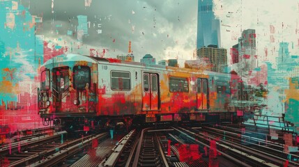 A train is painted in bright colors and is parked on a train track. The train is surrounded by graffiti and he is abandoned. Scene is one of urban decay