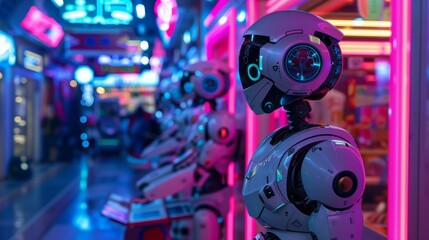 Futuristic AI robots in a digital marketplace, interacting as vendors and buyers amidst neon lights
