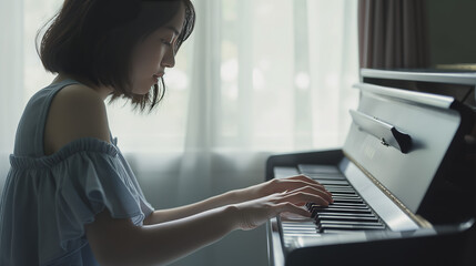 A faceless female figure in a blue dress plays the piano in a calm, soothing environment, capturing the essence of music and reflection