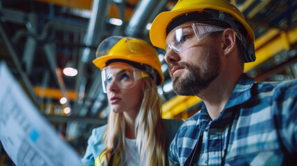 Two engineers with hard hats and safety goggles review plans in a busy industrial factory.