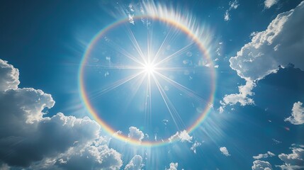 A rainbow is seen in the sky above a blue sky. The sun is shining brightly, creating a beautiful and serene atmosphere