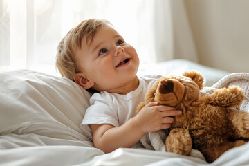 baby hugging his plush in bed, generative ai
