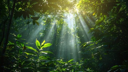 A forest with sunlight shining through the trees. The sunlight is bright and warm, creating a peaceful and serene atmosphere. The trees are lush and green, with leaves of various sizes and shapes