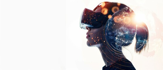 Closeup woman using virtual reality with globe map future digital technology on white background